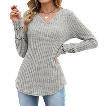 Womens V-Neck Tops Dressy Long Sleeve Shirts Trendy Tunic Blouses
