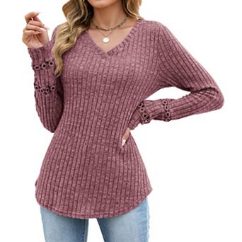 Womens V-Neck Tops Dressy Long Sleeve Shirts Trendy Tunic Blouses