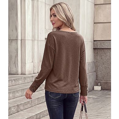 Women's V Neck Long Sleeve Shirts Fall Solid Color Loose Fit Tunic tops