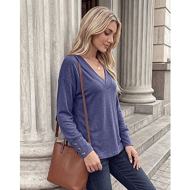 Women's V Neck Long Sleeve Shirts Fall Solid Color Loose Fit Tunic tops