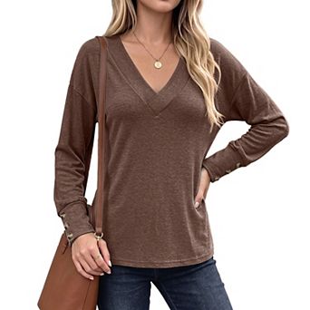 Women's V Neck Long Sleeve Shirts Fall Solid Color Loose Fit Tunic tops