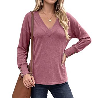 Women's V Neck Long Sleeve Shirts Fall Solid Color Loose Fit Tunic tops