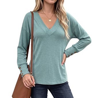Women's V Neck Long Sleeve Shirts Fall Solid Color Loose Fit Tunic tops