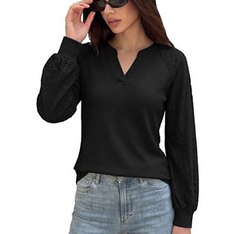 Womens Tops Waffle V Neck Elastic Cuffs Casual Business Tunic Shirt