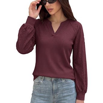Womens Tops Waffle V Neck Elastic Cuffs Casual Business Tunic Shirt