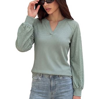 Womens Tops Waffle V Neck Elastic Cuffs Casual Business Tunic Shirt