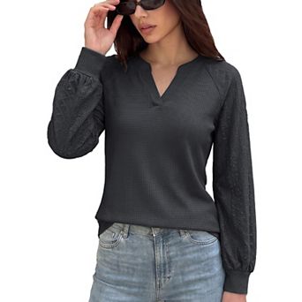 Womens Tops Waffle V Neck Elastic Cuffs Casual Business Tunic Shirt