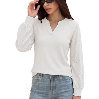 Womens Tops Waffle V Neck Elastic Cuffs Casual Business Tunic Shirt