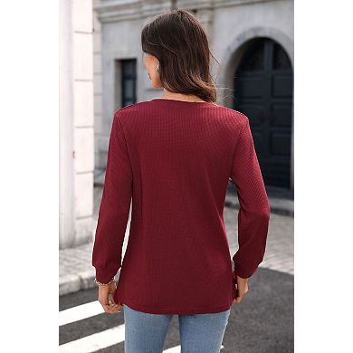 Womens Long Sleeve Tops V Neck Button Waffle Knit Shirts