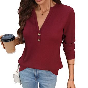Womens Long Sleeve Tops V Neck Button Waffle Knit Shirts