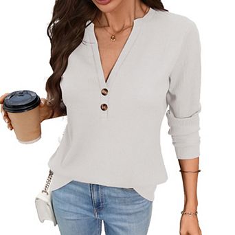 Womens Long Sleeve Tops V Neck Button Waffle Knit Shirts