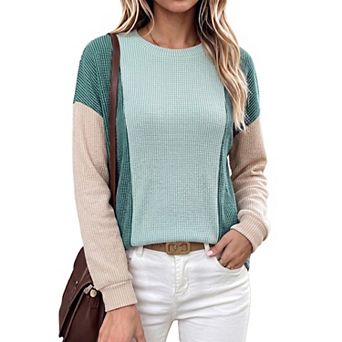 Women's Color Block Waffle Long Sleeve Crew Neck Pullover Tops Loose Casual Shirts