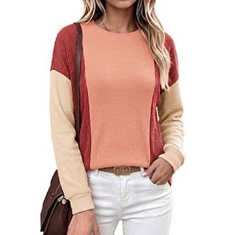Women's Color Block Waffle Long Sleeve Crew Neck Pullover Tops Loose Casual Shirts