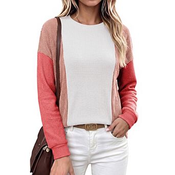 Women's Color Block Waffle Long Sleeve Crew Neck Pullover Tops Loose Casual Shirts