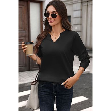 Women's V Neck Long Sleeve Pullover Tops Casual Notch Neck Ribbed Tops