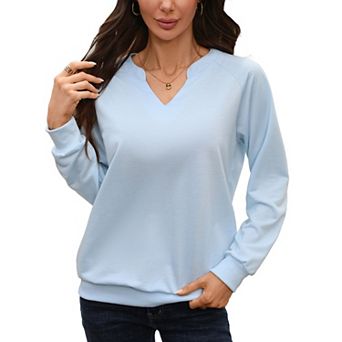 Women's V Neck Long Sleeve Pullover Tops Casual Notch Neck Ribbed Tops