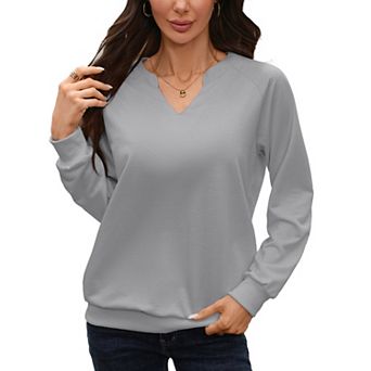 Women's V Neck Long Sleeve Pullover Tops Casual Notch Neck Ribbed Tops