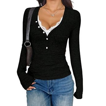 Women V Neck Lace Trim Ribbed Top Casual Slim Fit Button Down Ruched Shirts