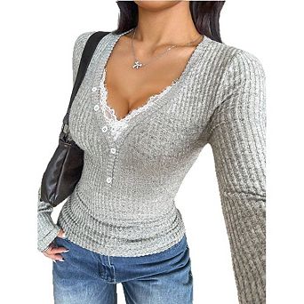 Women V Neck Lace Trim Ribbed Top Casual Slim Fit Button Down Ruched Shirts