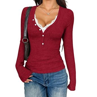 Women V Neck Lace Trim Ribbed Top Casual Slim Fit Button Down Ruched Shirts