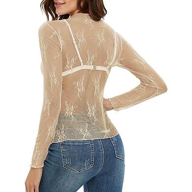 Women Lace Mesh Long Sleeve Sheer Blouse Feminine Layering Top