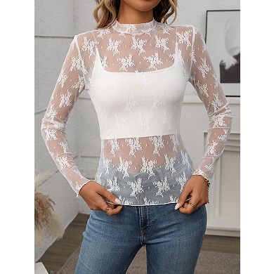 Women Lace Mesh Long Sleeve Sheer Blouse Feminine Layering Top