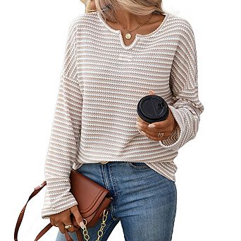 Women's Waffle Long Sleeve Tops Casual V‑Neck Loose‑Fit Shirts