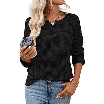 Women's Waffle Long Sleeve Tops Casual V‑Neck Loose‑Fit Shirts