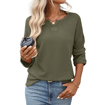 Women's Waffle Long Sleeve Tops Casual V‑Neck Loose‑Fit Shirts