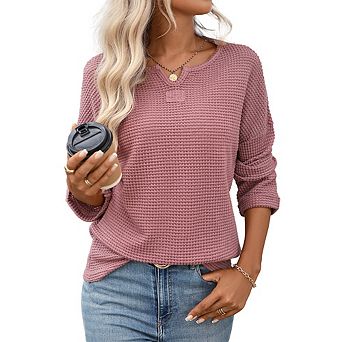 Women's Waffle Long Sleeve Tops Casual V‑Neck Loose‑Fit Shirts