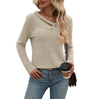 Women's V‑Neck Long Sleeve Shirts Dressy Casual Basic Tops for Daily Wear