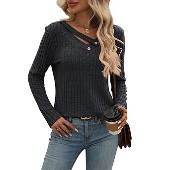 Women's V‑Neck Long Sleeve Shirts Dressy Casual Basic Tops for Daily Wear