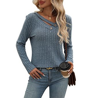 Women's V‑Neck Long Sleeve Shirts Dressy Casual Basic Tops for Daily Wear