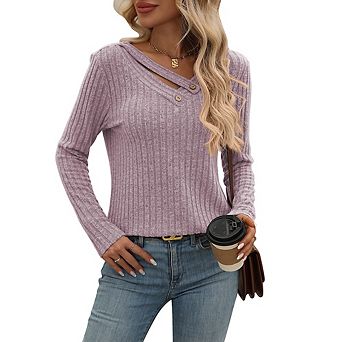 Women's V‑Neck Long Sleeve Shirts Dressy Casual Basic Tops for Daily Wear