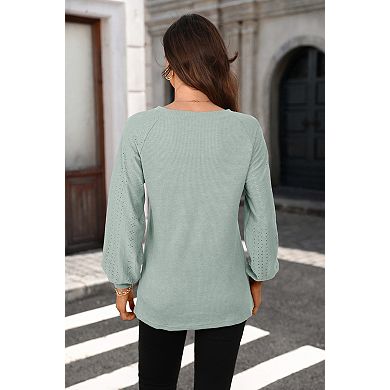 Womens Crew Neck Fall Shirts Solid Color Casual Loose Blouses