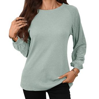 Womens Crew Neck Fall Shirts Solid Color Casual Loose Blouses