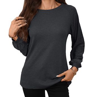 Womens Crew Neck Fall Shirts Solid Color Casual Loose Blouses