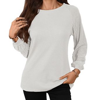 Womens Crew Neck Fall Shirts Solid Color Casual Loose Blouses