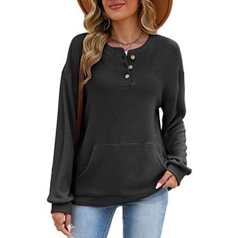 Women's Half Button Down Pullover Blouses Casual Henley Long Sleeve Tunic Tops
