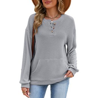 Women's Half Button Down Pullover Blouses Casual Henley Long Sleeve Tunic Tops