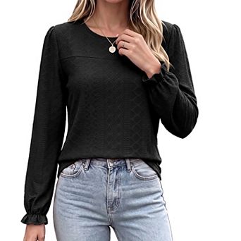 Women's Ruffle Puff Long Sleeve Shirts Dressy Casual Crew Neck Blouses