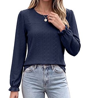 Women's Ruffle Puff Long Sleeve Shirts Dressy Casual Crew Neck Blouses