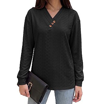 Womens Long Sleeve Tops V Neck Drop Shoulder Blouse Cuffed Button Shirt
