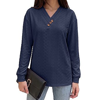 Womens Long Sleeve Tops V Neck Drop Shoulder Blouse Cuffed Button Shirt