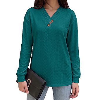 Womens Long Sleeve Tops V Neck Drop Shoulder Blouse Cuffed Button Shirt
