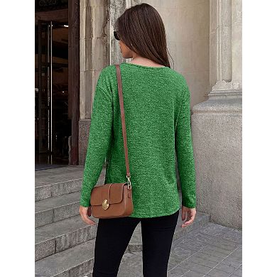 Women Crewneck Button Long Sleeve Casual Tunic Shirts