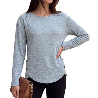 Women Crewneck Button Long Sleeve Casual Tunic Shirts