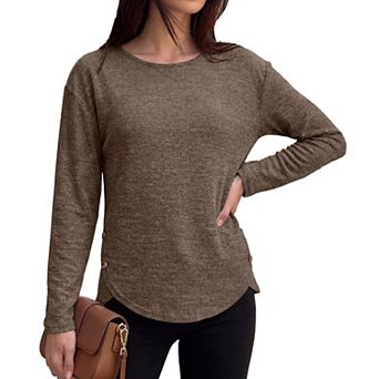 Women Crewneck Button Long Sleeve Casual Tunic Shirts