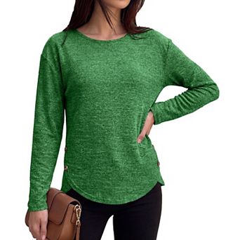 Women Crewneck Button Long Sleeve Casual Tunic Shirts