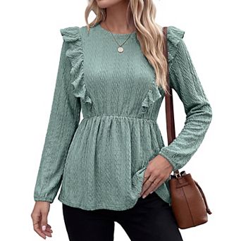 Womens Shirts Dressy Casual Ruffle Babydoll Top Long Sleeve Blouses